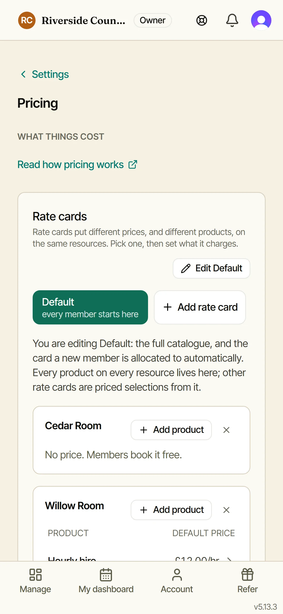 The rate cards in Settings
