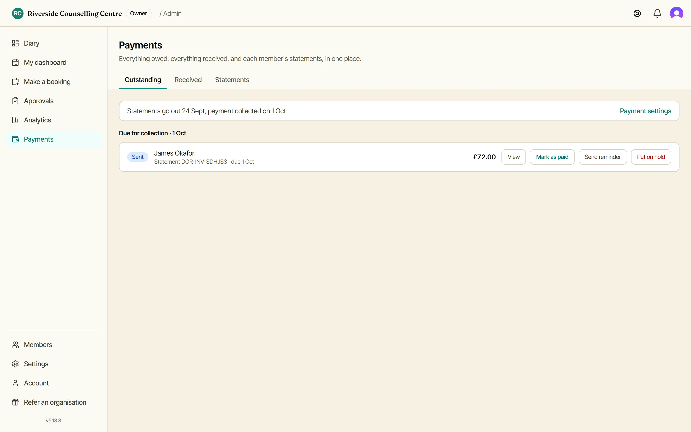 The Outstanding tab on the Payments screen