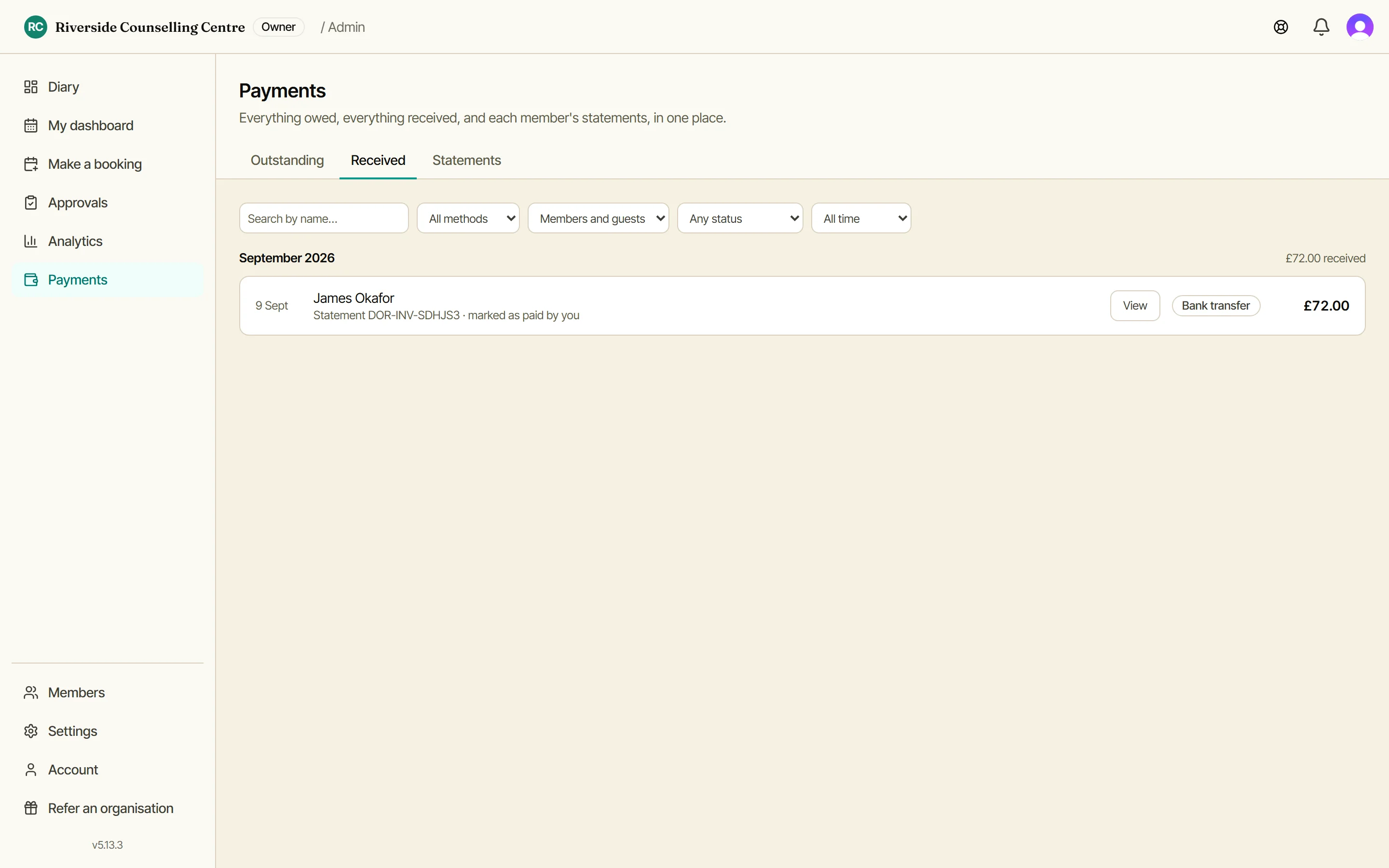 The Received tab on the Payments screen