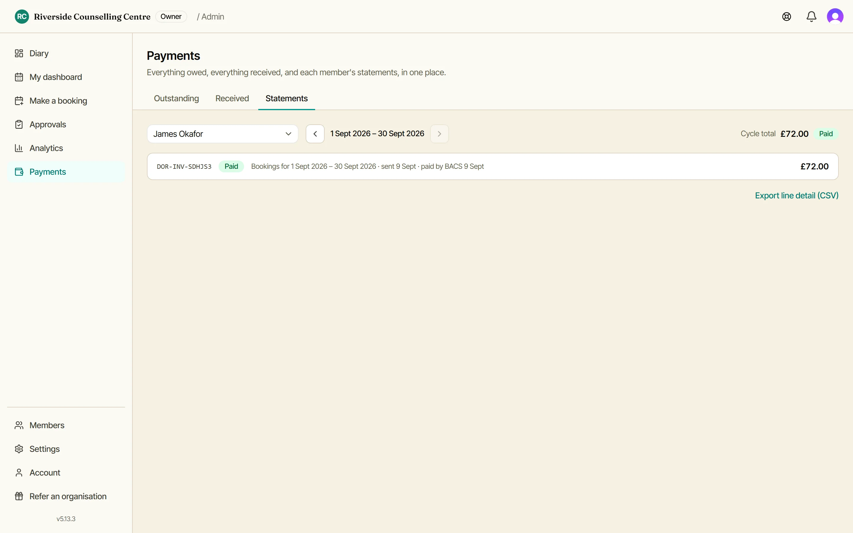 The Statements tab on the Payments screen