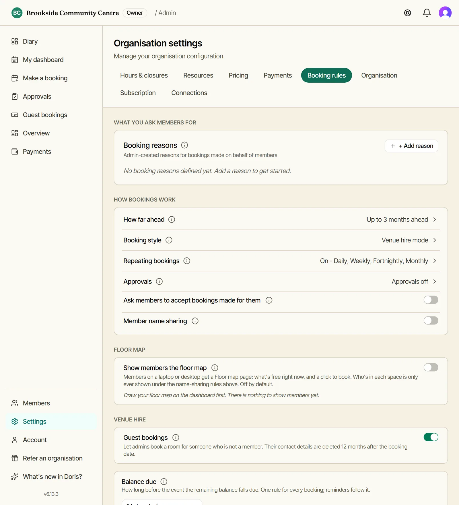 Settings, Booking rules: Guest bookings, switched on