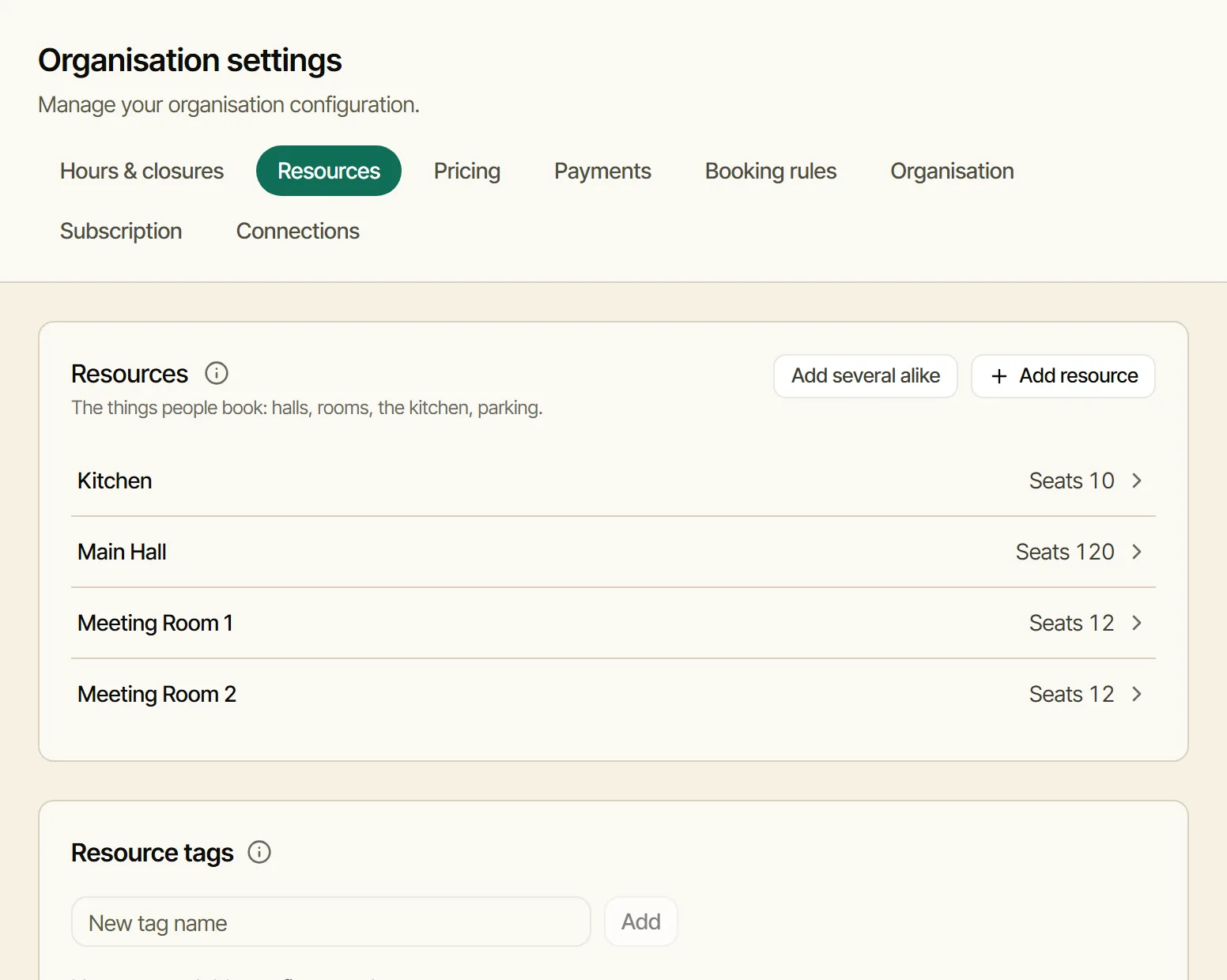 Settings, Resources: Kitchen, Main Hall, Meeting Room 1, Meeting Room 2