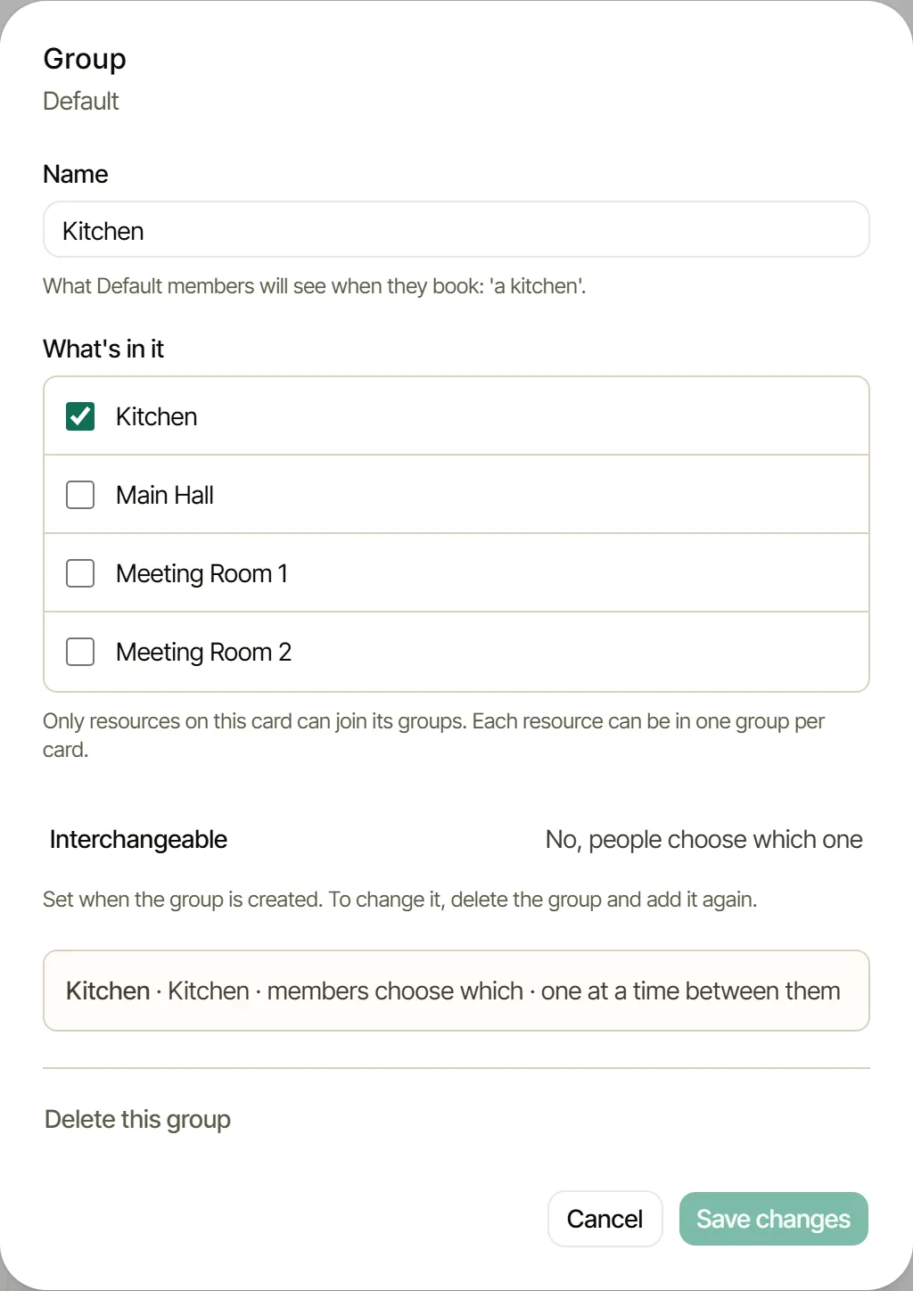The group form: Kitchen, with the Kitchen ticked, not interchangeable