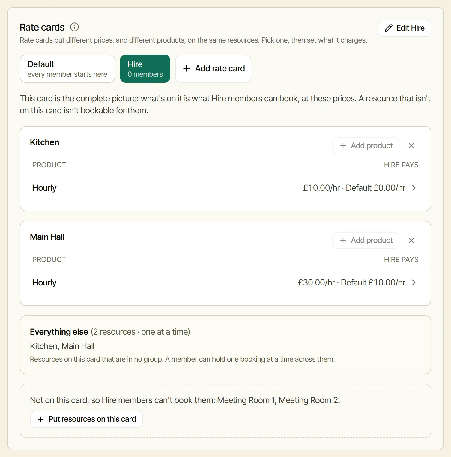 The Hire card: the Main Hall and the Kitchen at the hire prices, no meeting rooms
