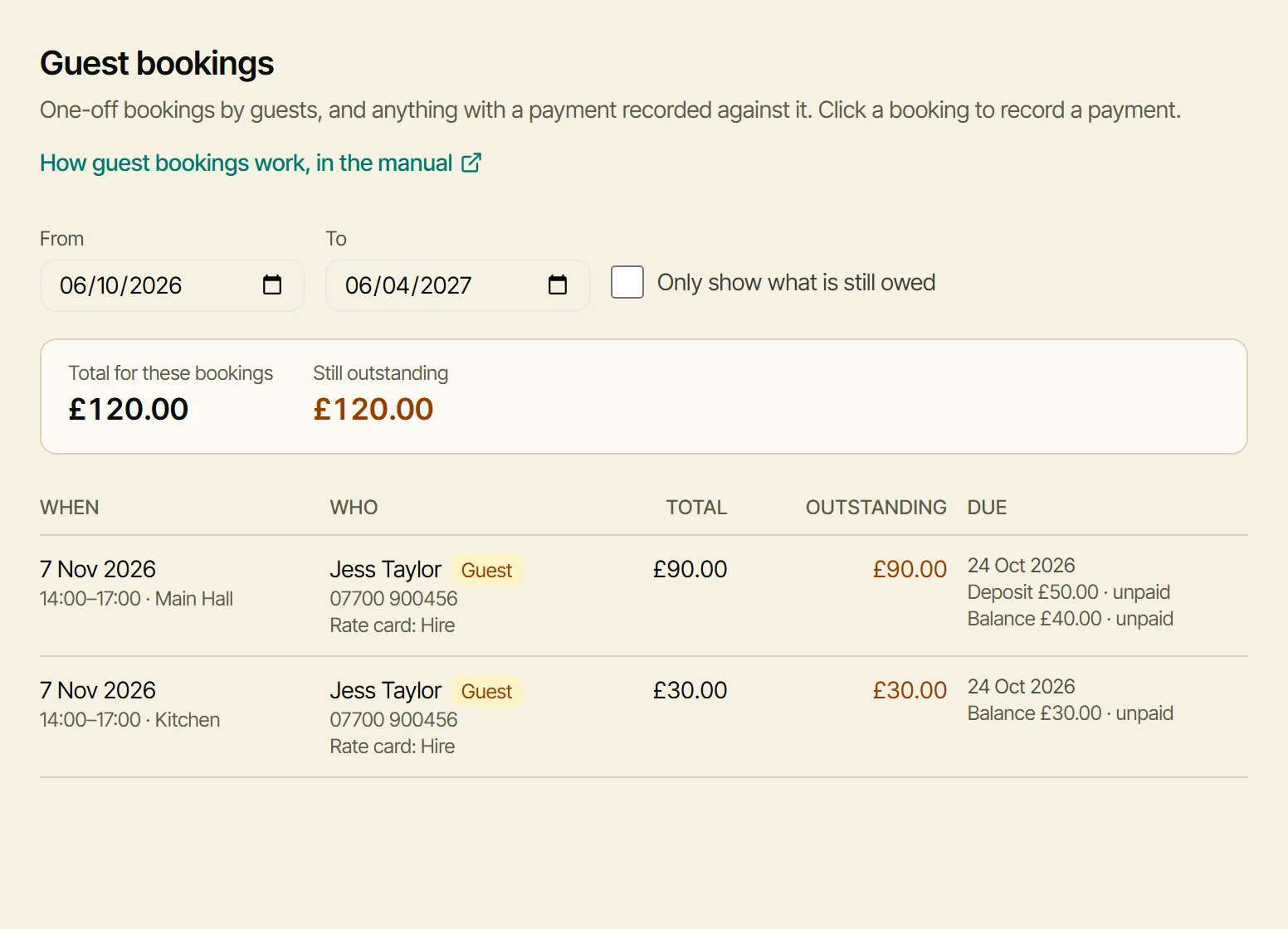 Guest bookings: Jess Taylor, the Main Hall £90.00 with a £50.00 deposit and £40.00 balance, the Kitchen £30.00