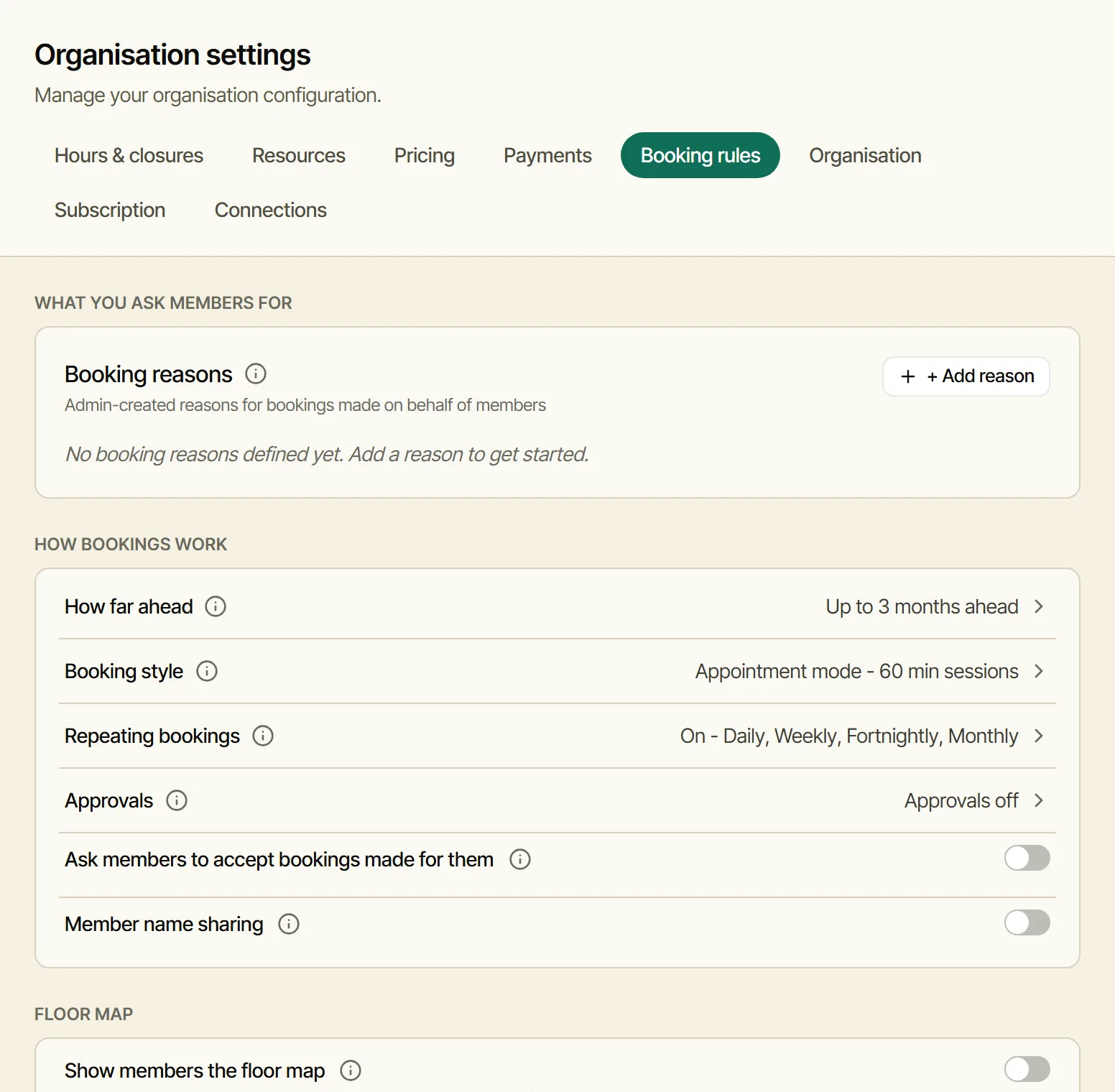 Settings, Booking rules: Booking style, Appointment mode, 60 min sessions