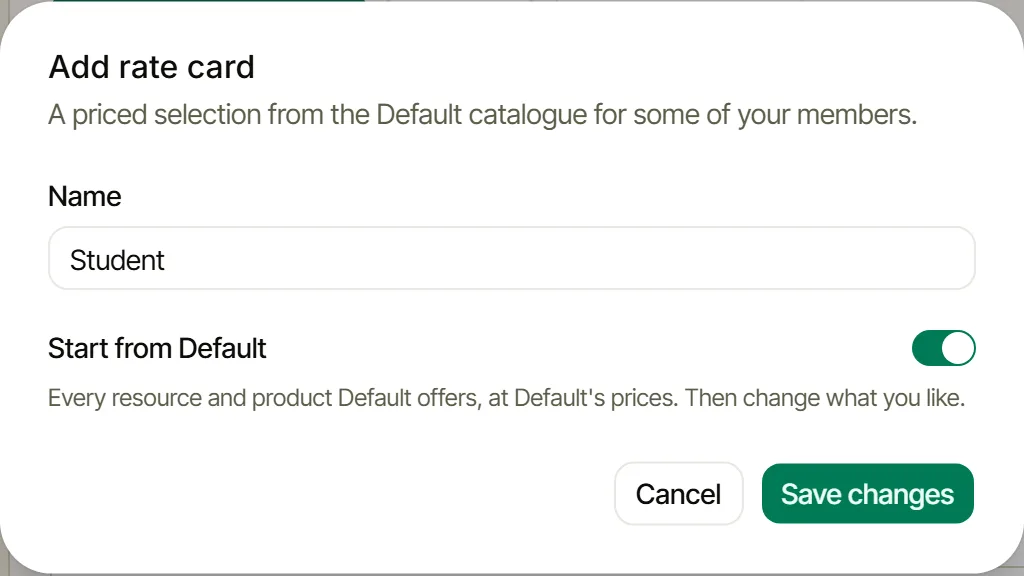 Add rate card: Name Student, Start from Default on