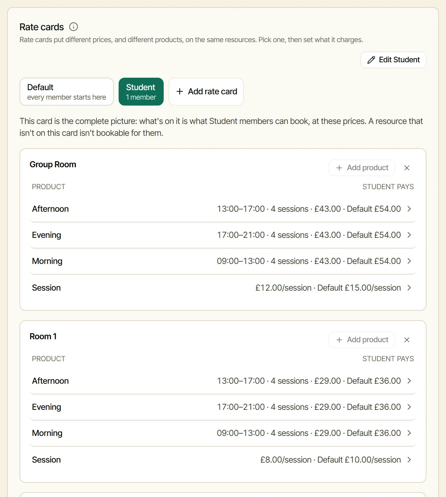 The Student card: each Student price beside the Default one