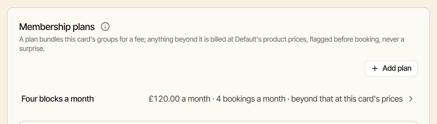Membership plans on the Default card: Four blocks a month, £120.00 a month, 4 bookings a month