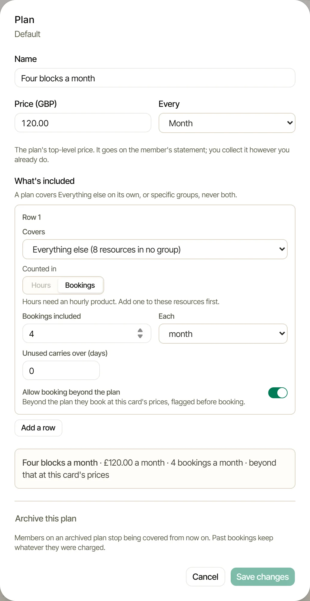 The plan form: Four blocks a month, £120.00 every Month, covers Everything else, counted in Bookings, 4 a month, booking beyond the plan allowed