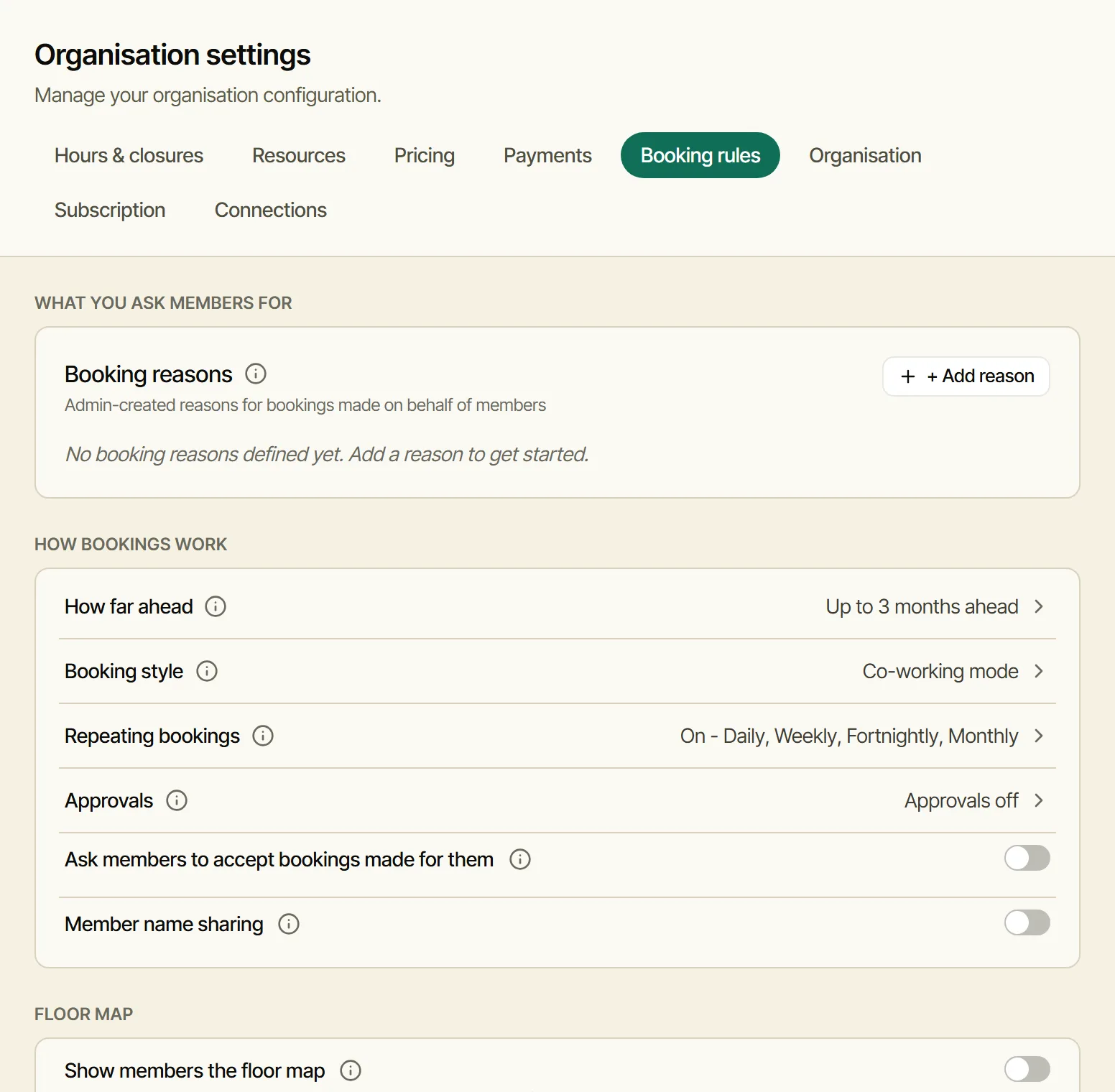 Settings, Booking rules: Booking style, Co-working mode