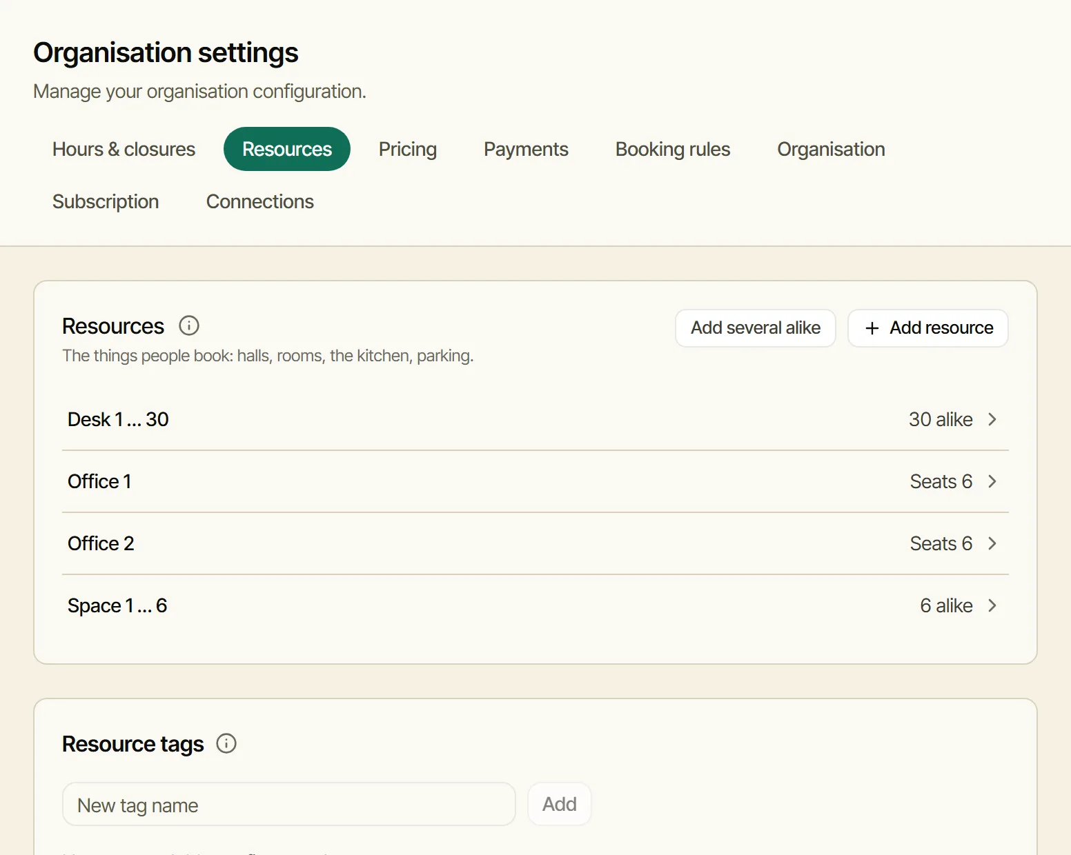 Settings, Resources: thirty desks, six spaces and two offices