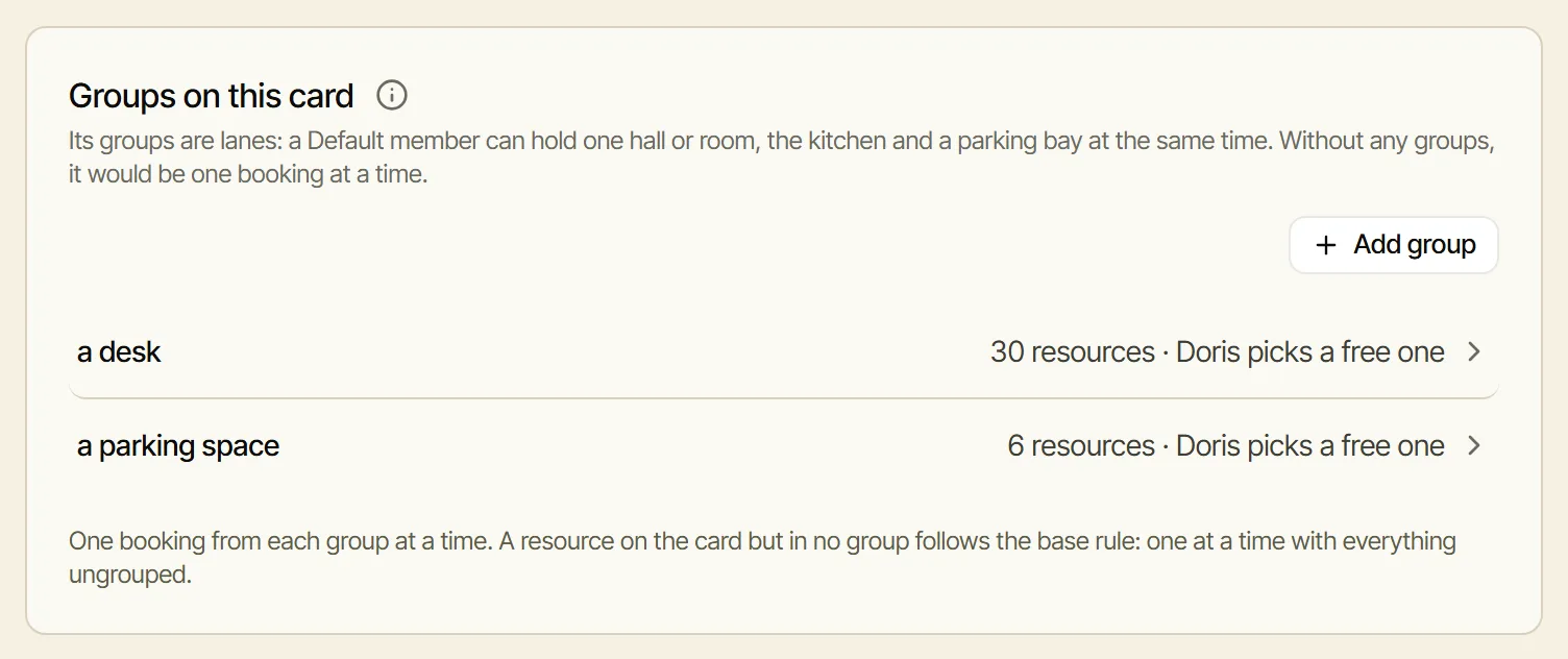 Groups on this card: a desk and a parking space
