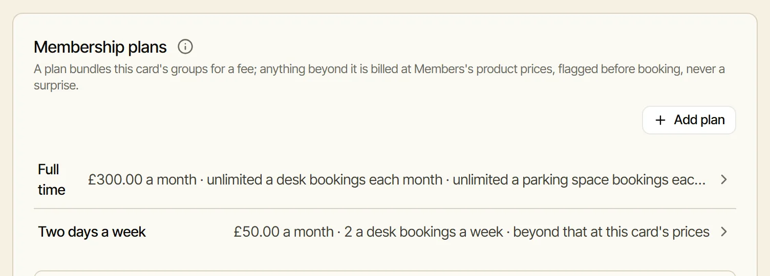 Membership plans on the Members card: Full time and Two days a week