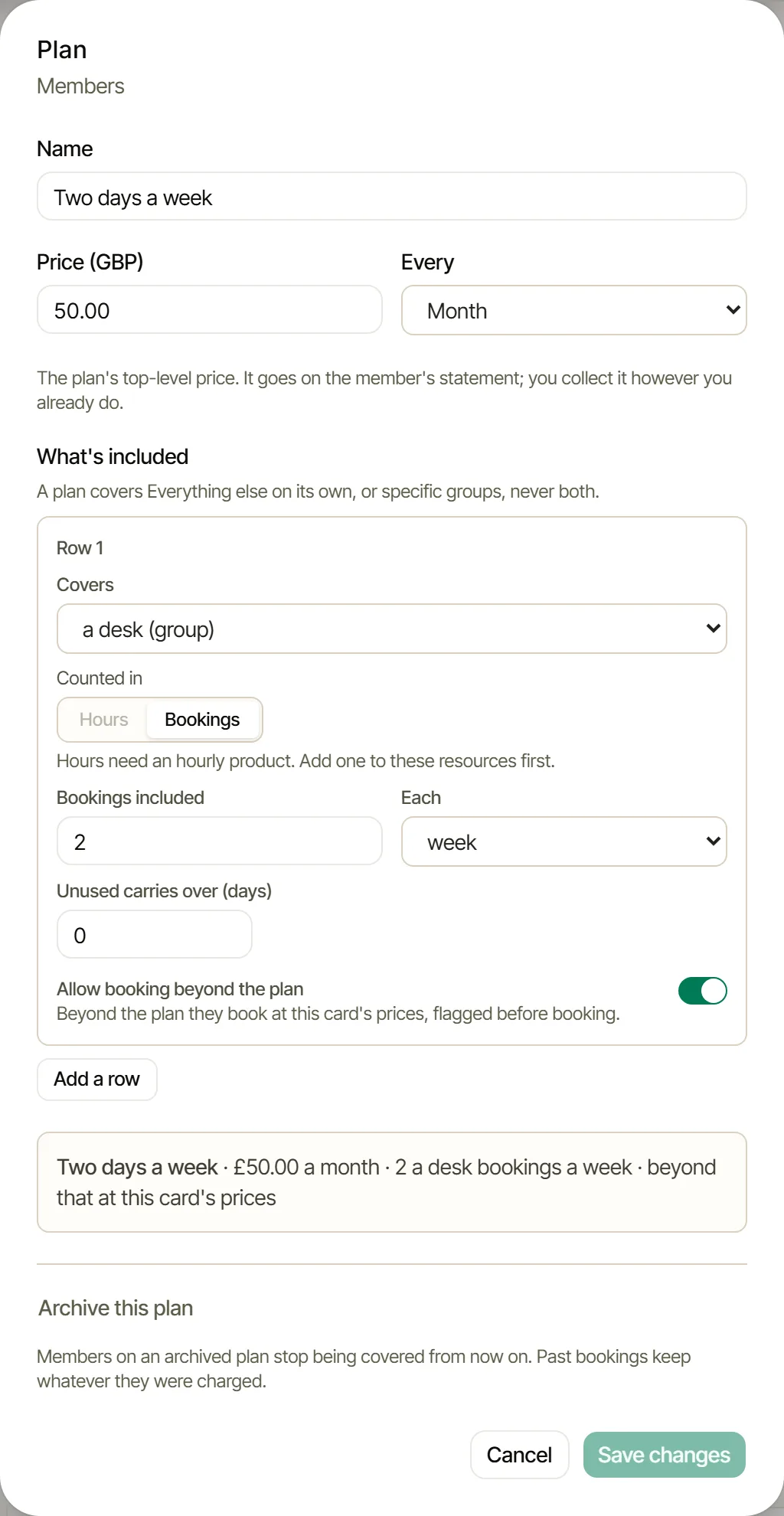 The plan form: Two days a week, £50.00 every month, covers a desk, counted in bookings, 2 each week