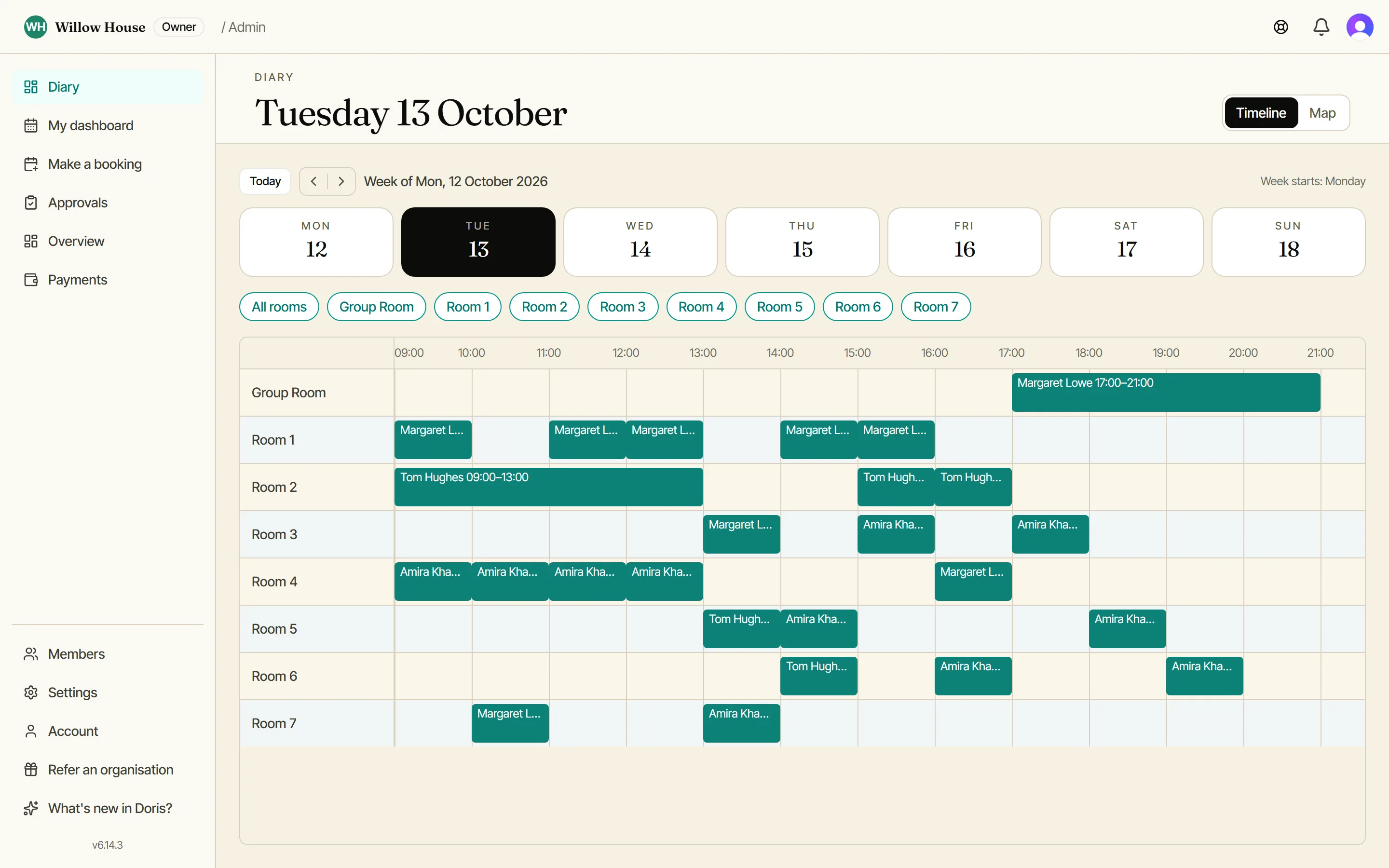 The Doris diary at Willow House: Room 1 to 7 and the Group Room through a working Tuesday, with Tom's morning block and sessions, Amira's sessions and Margaret's sessions and evening group