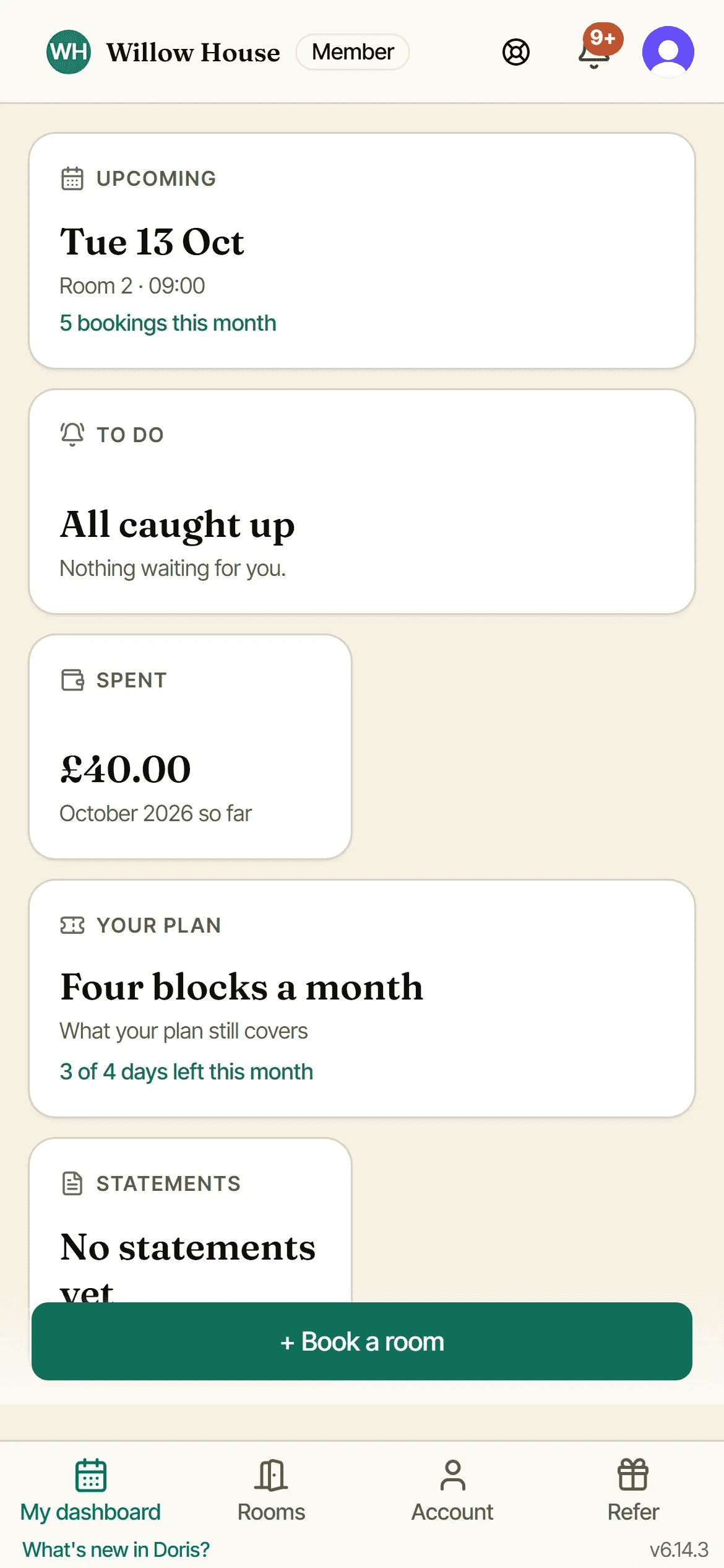 Tom's dashboard at Willow House on his phone: his next room booked, and his plan of four blocks a month with three left