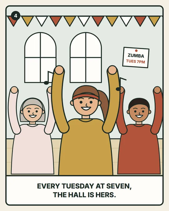 Panel 4. Every Tuesday at seven, the hall is hers.