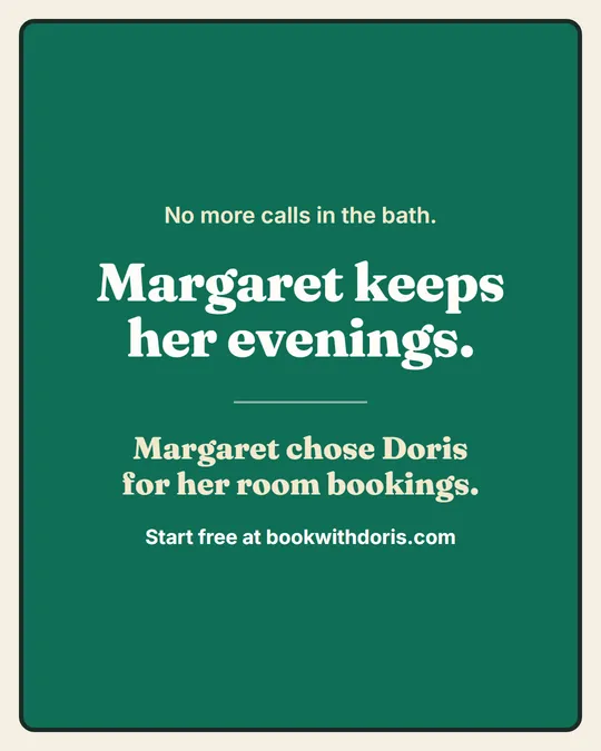 Panel 6. No more calls in the bath. Margaret keeps her evenings. Margaret chose Doris for her room bookings.